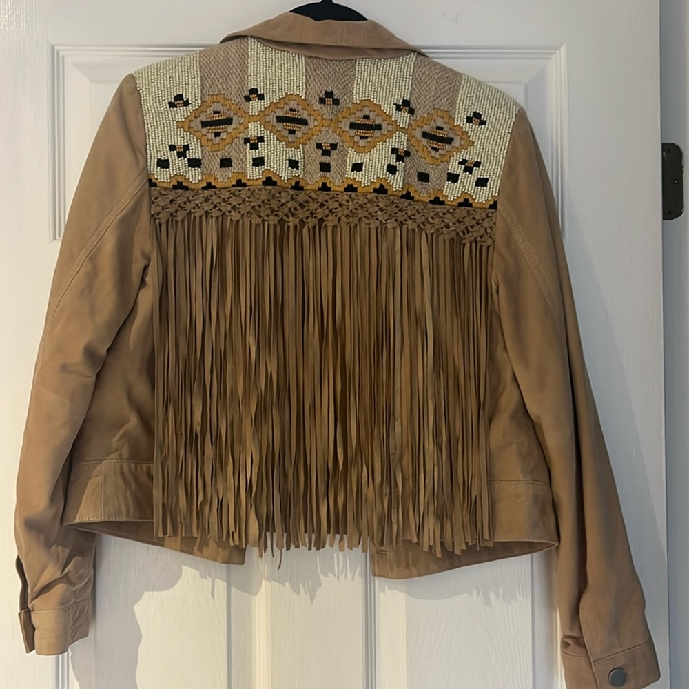 Zara Tan Leather Jacket with Fringe and Patterned Detail